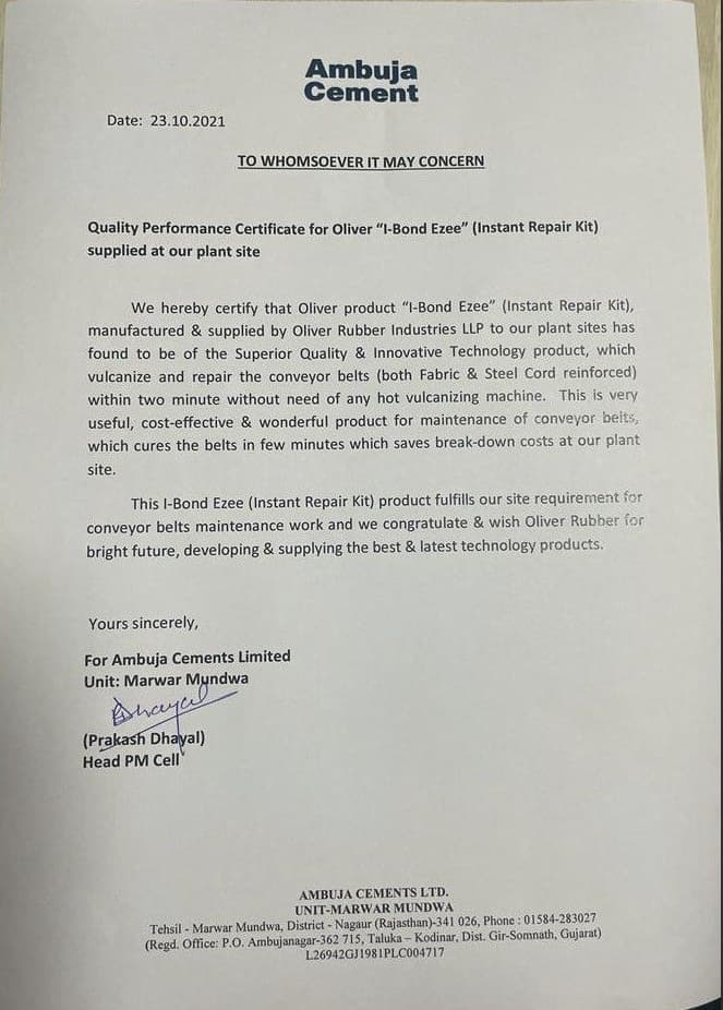 Quality Performance Certificate 